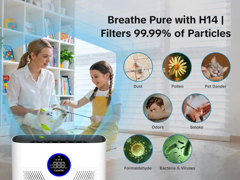 Smart WiFi Air Purifier with H14 True HEPA Filter – High-Efficiency Air Cleaning, App Control, 24dB Quiet, 5 Speeds, Auto Mode, Child Lock, Timer, for Home Bedroom Office