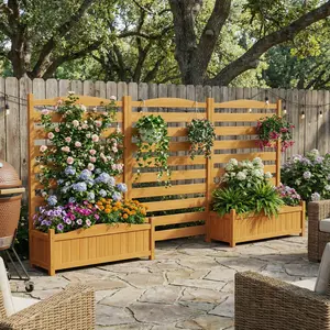 Spaco 3-Panel Wood Air Conditioner Fence with Planter Box, Freestanding Outdoor Privacy Screen – Yellow