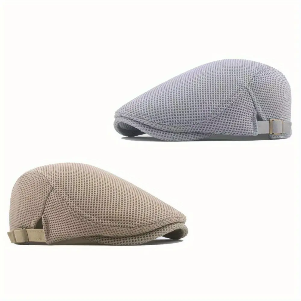 Male Cotton 2-Pack Solid Mesh Newsboy Flat Cap (22.4-23.6 in/57-60 cm), Breathable Sun Hat with Detachable Visor, Adjustable Strap, Lightweight for Golf, Driving
