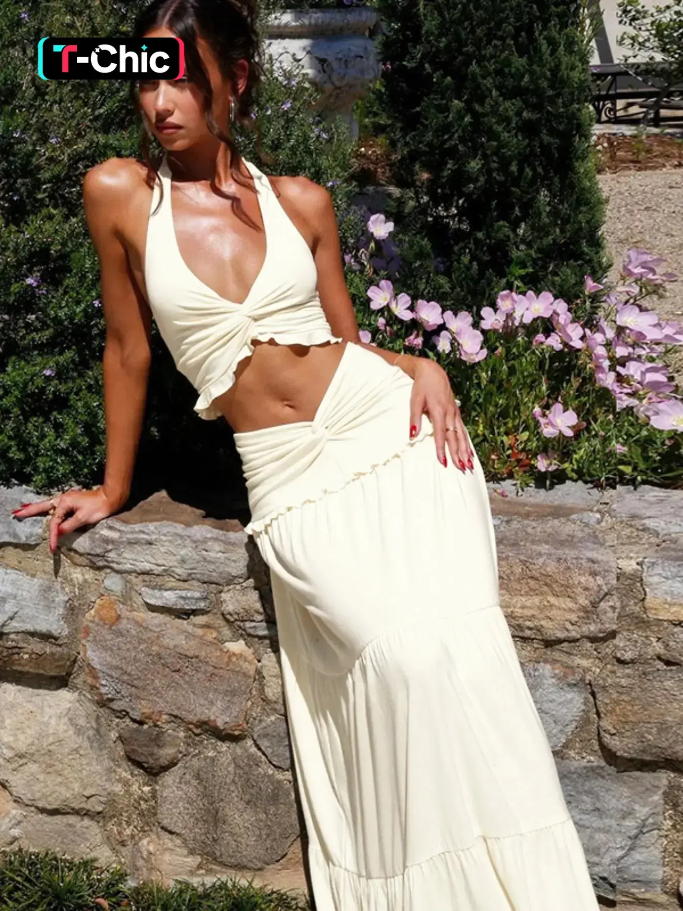 Women's Solid Color Plunge Neck Crop Top & Ruched Skirt Two-piece Set, Matching Clothing Set, Sleeveless Halter Neck Top & Bodycon Skirt, Ladies Summer Clothes for Party and Holiday, Summer Beachwear Set, Summer Sets, Going Out Sets, Womenswear
