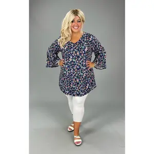 52 PQ-D {Wonder Of Floral} Navy Floral Printed Top EXTENDED PLUS SIZE 3X 4X 5X