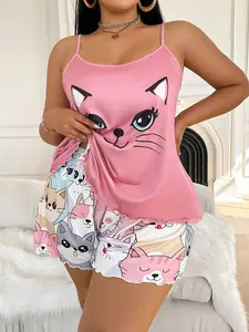 Cute Women'S Cat Print Tank Top and Shorts | Comfortable Soft Cartoon Print Pajama Set for Spring/Summer