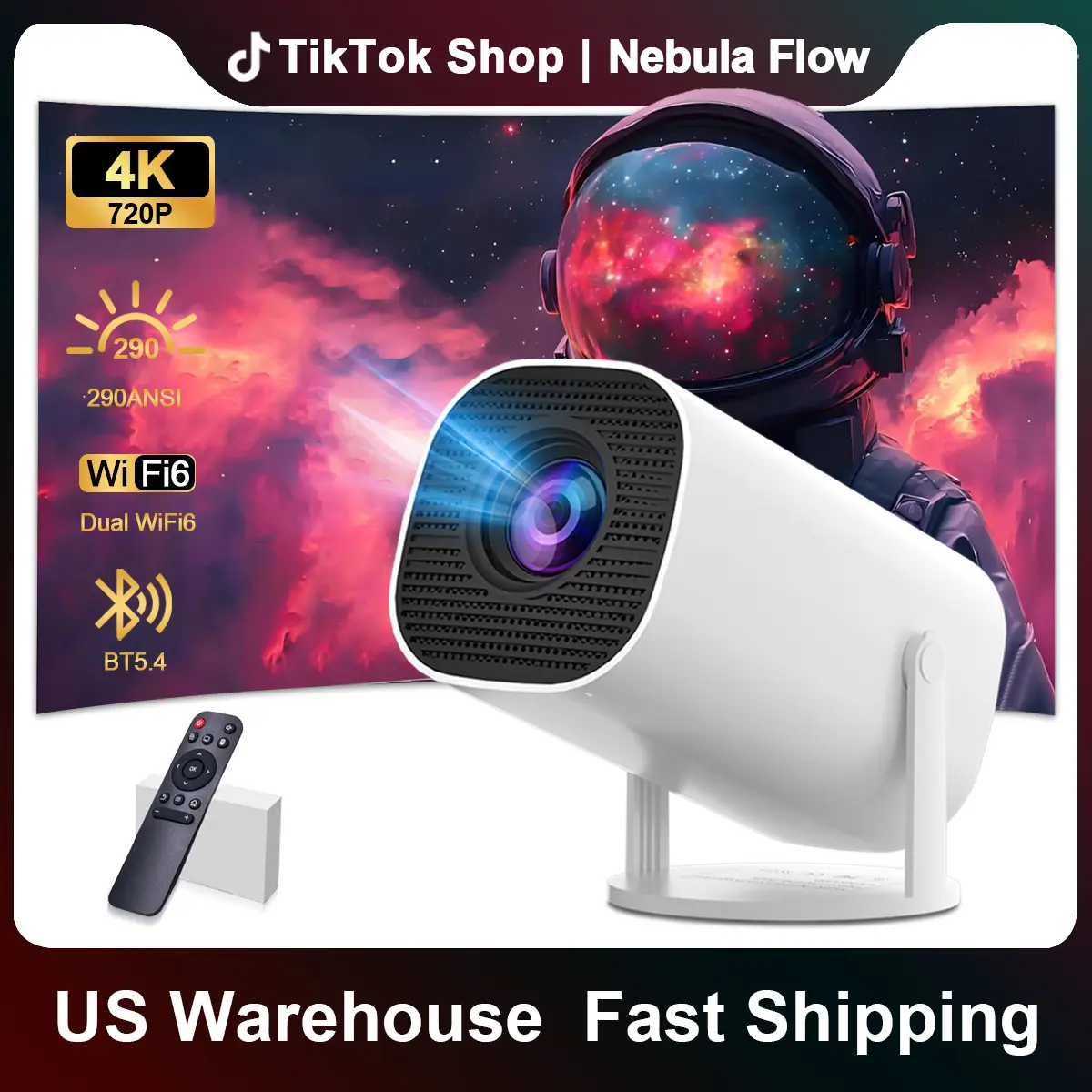 Portable WiFi 6 Bluetooth Projector with Android 13, 720P Full HD, 300 ANSI Lumens, Automatic Keystone, Mini USB, Screen Compatibility, Home Use, Works with Phone, iOS Device, Android Device, Charging Cable, Wired Audio & Gaming #US Warehouse