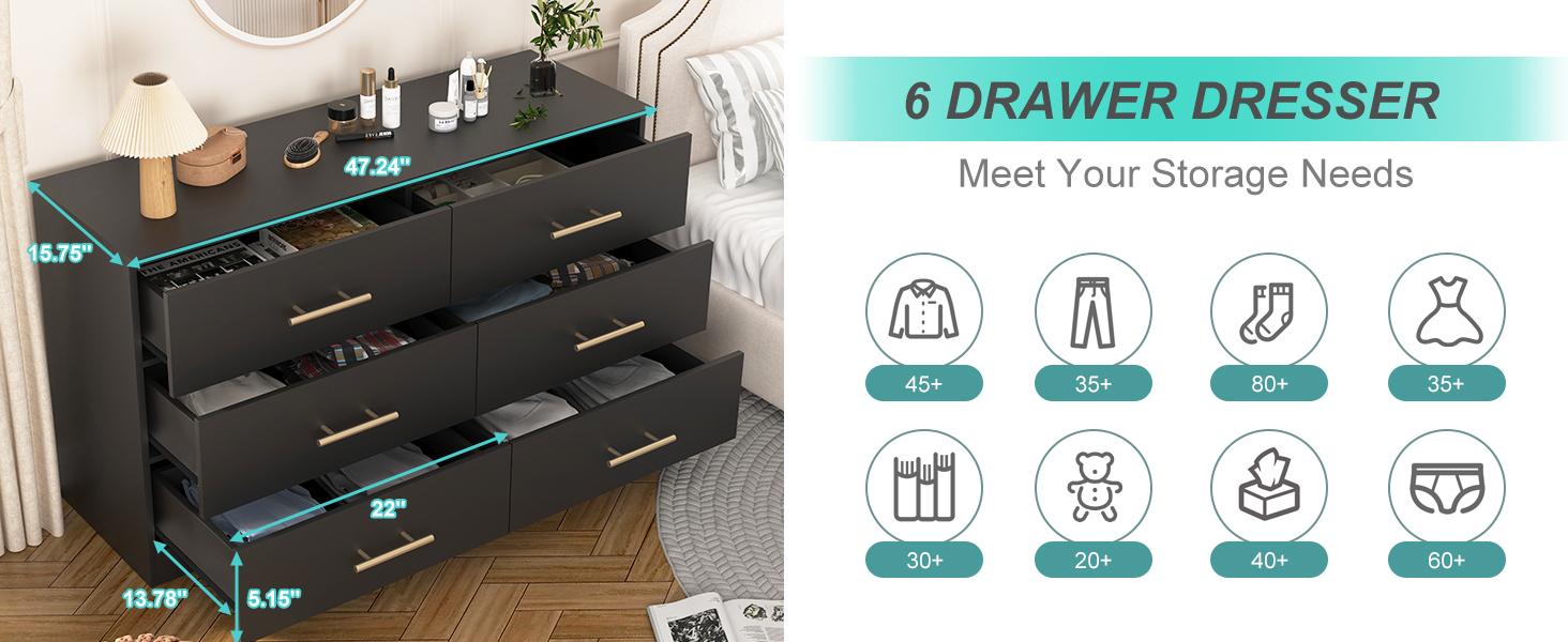 6 Drawer Wooden  Dresser, Large Storage Cabinet Modern Chest of 6 Drawers Night Table, Bedroom Storage Organizer, Storage Dresser Chest of Drawers for Bedroom, Closet, Living Room