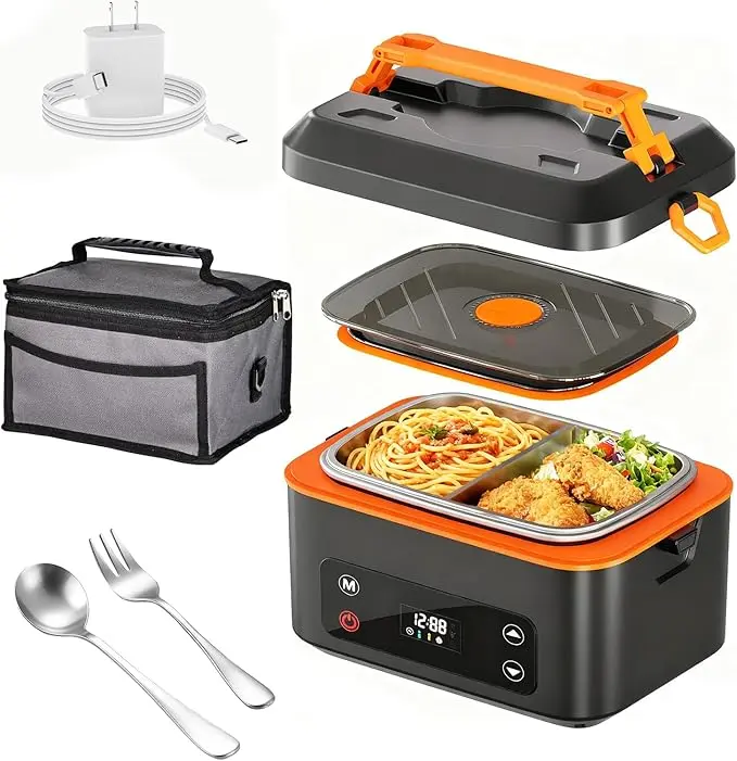 RUDAP Modern Cordless Electric Insulated Lunch Box Container, 24000mAh USB-C Rechargeable 1.2L Portable Food Warmer with 5 Heating Modes, Auto Temp Control & Stainless Steel Utensils - Ideal for Truck Drivers, Outdoors Road Trips