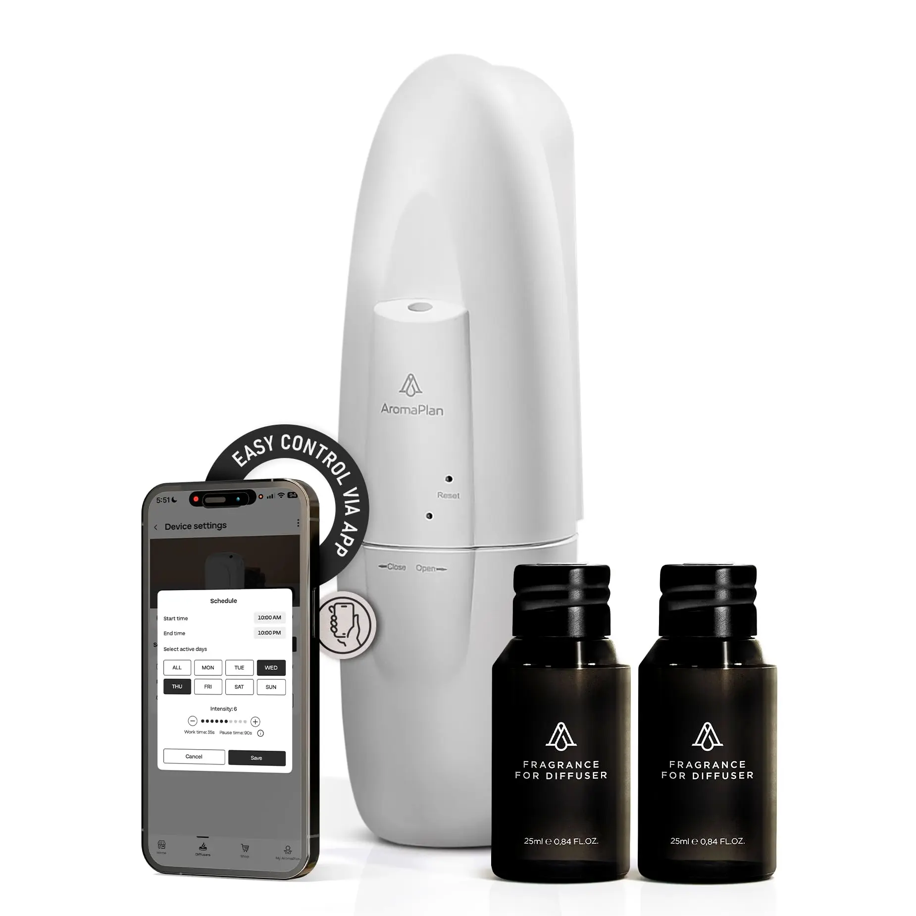 AromaPlan Smart Plug-In Waterless Home Diffuser Set - White, Includes 2 Floral Fragrance Bouquet Essential Oil Bottles for Room Use