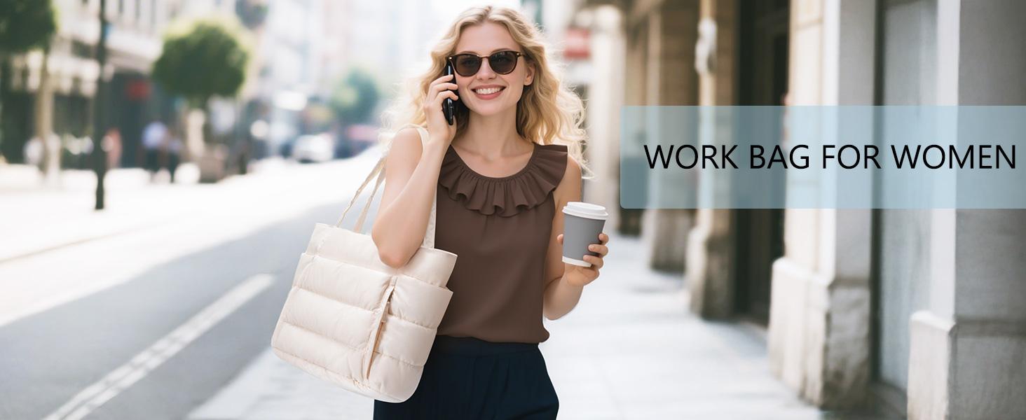 Bagstellar Puffer Tote Bag for Women with Makeup Bag, Large Work Tote Laptop Bag, Lightweight Travel Tote Bag with Zipper Gifts for Women Teacher Nurse Quilted Shoulder Bag for School Gym