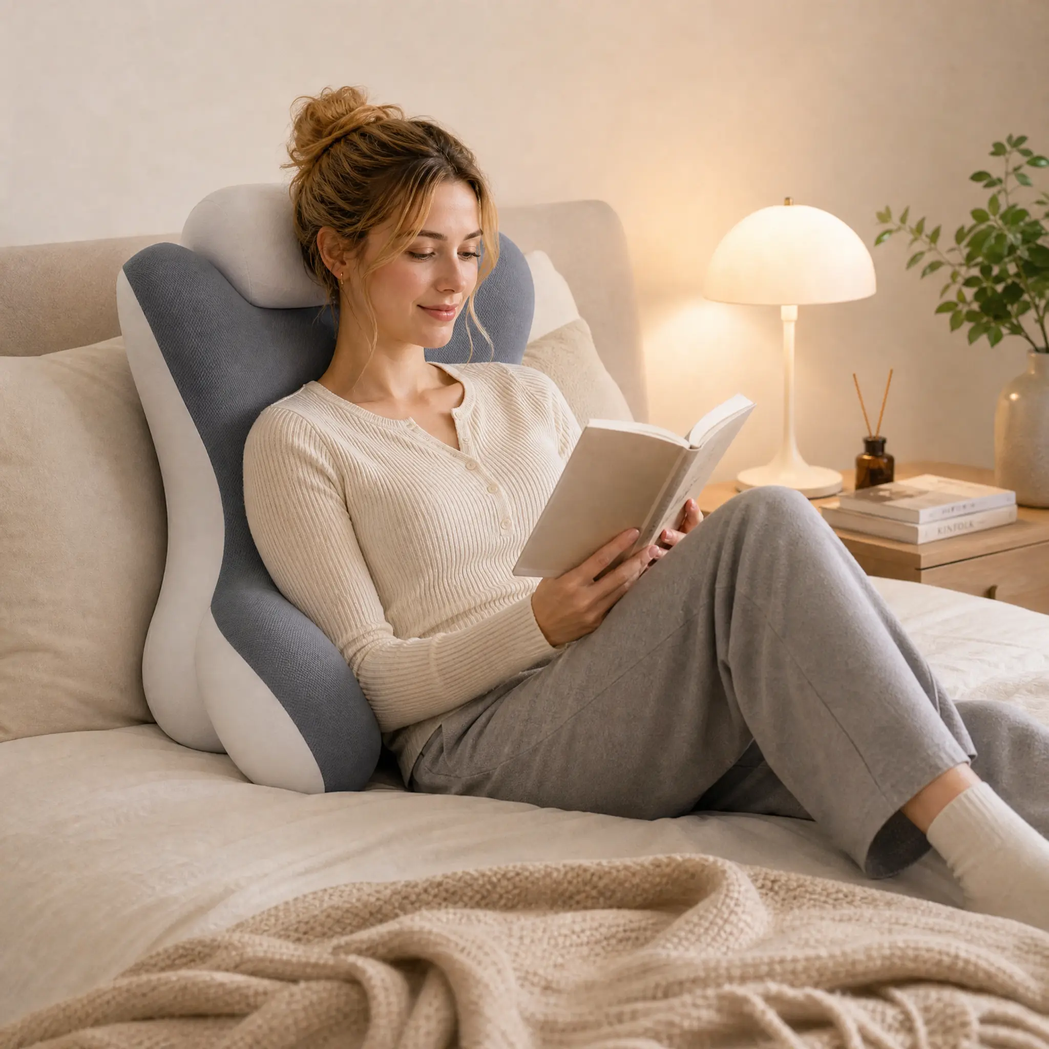 Grey Memory Foam Reading Lounger Pillow with Removable Neck Pillow, Ergonomic Back Support Cushion, Armrests for Bed, Couch, With Armrests