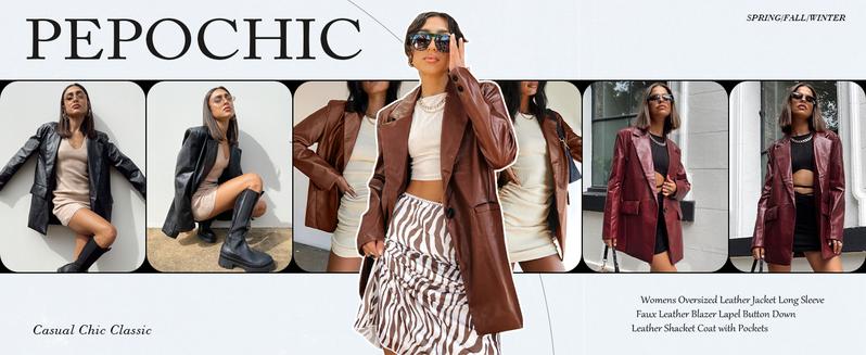 Tankaneo Womens Oversized Leather Jacket Long Sleeve Faux Leather Blazer Lapel Button Down Leather Shacket Coat with Pockets