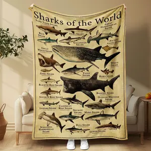 World Shark Guide Blanket, Vintage Style Soft Flannel Material, Realistic Shark Print, Perfect for Sofa Naps Camping Home Decor, Flannel Throw Blanket