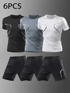6 Pieces - Three-Piece Combination 2-Piece Men's Summer Basketball Training Running Set, Comfortable Short Sleeve T-Shirt and Quick-Drying Shorts Set, Summer Fitness Breathable Elastic Set, suitable for outdoor jogging and training