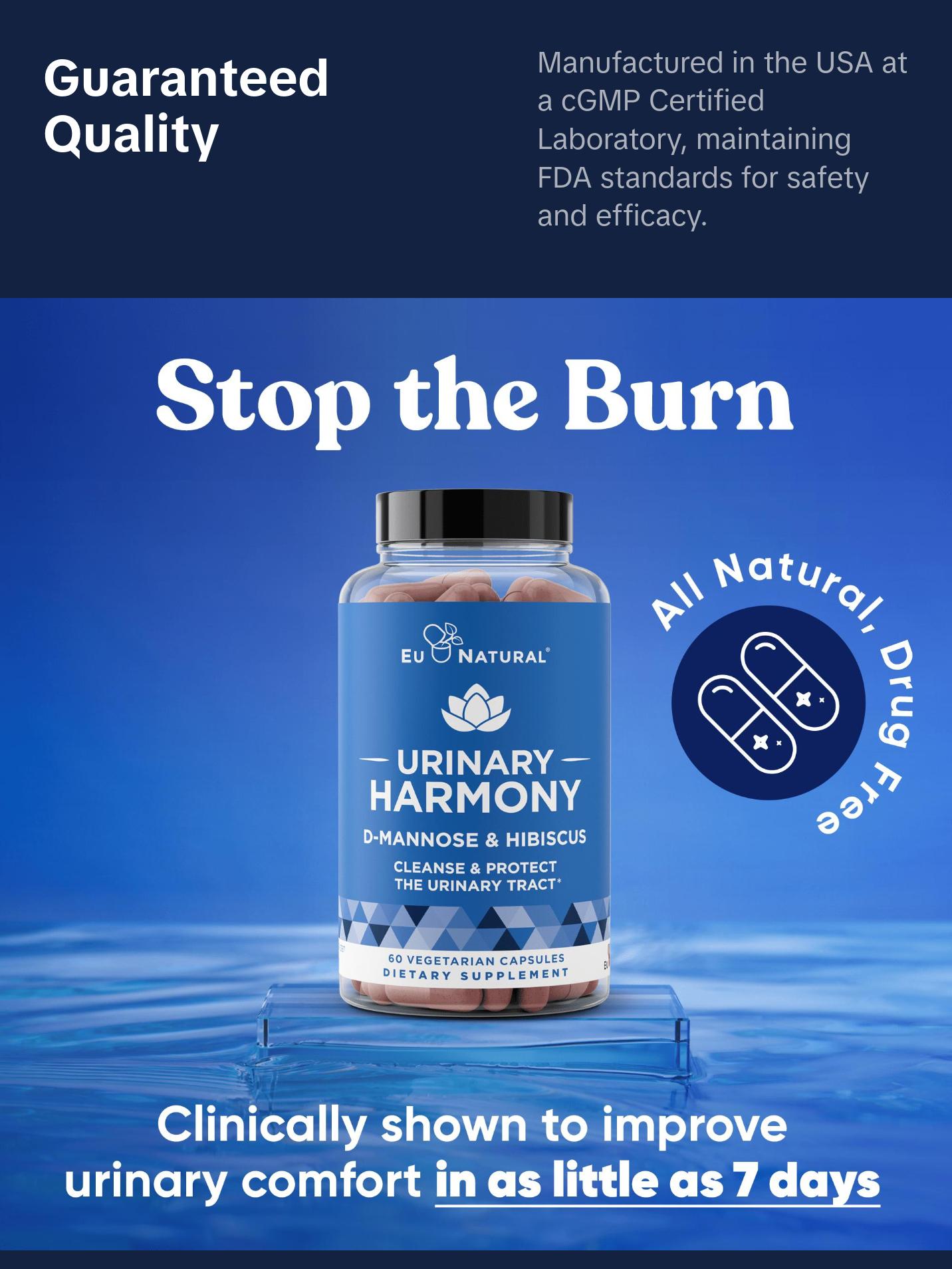 Eu Natural Urinary Harmony - D-Mannose & Hibiscus - 60 Vegetarian Capsules - Natural Urinary Tract UTI Cleanse & Protection - Urinary Health Support Supplement