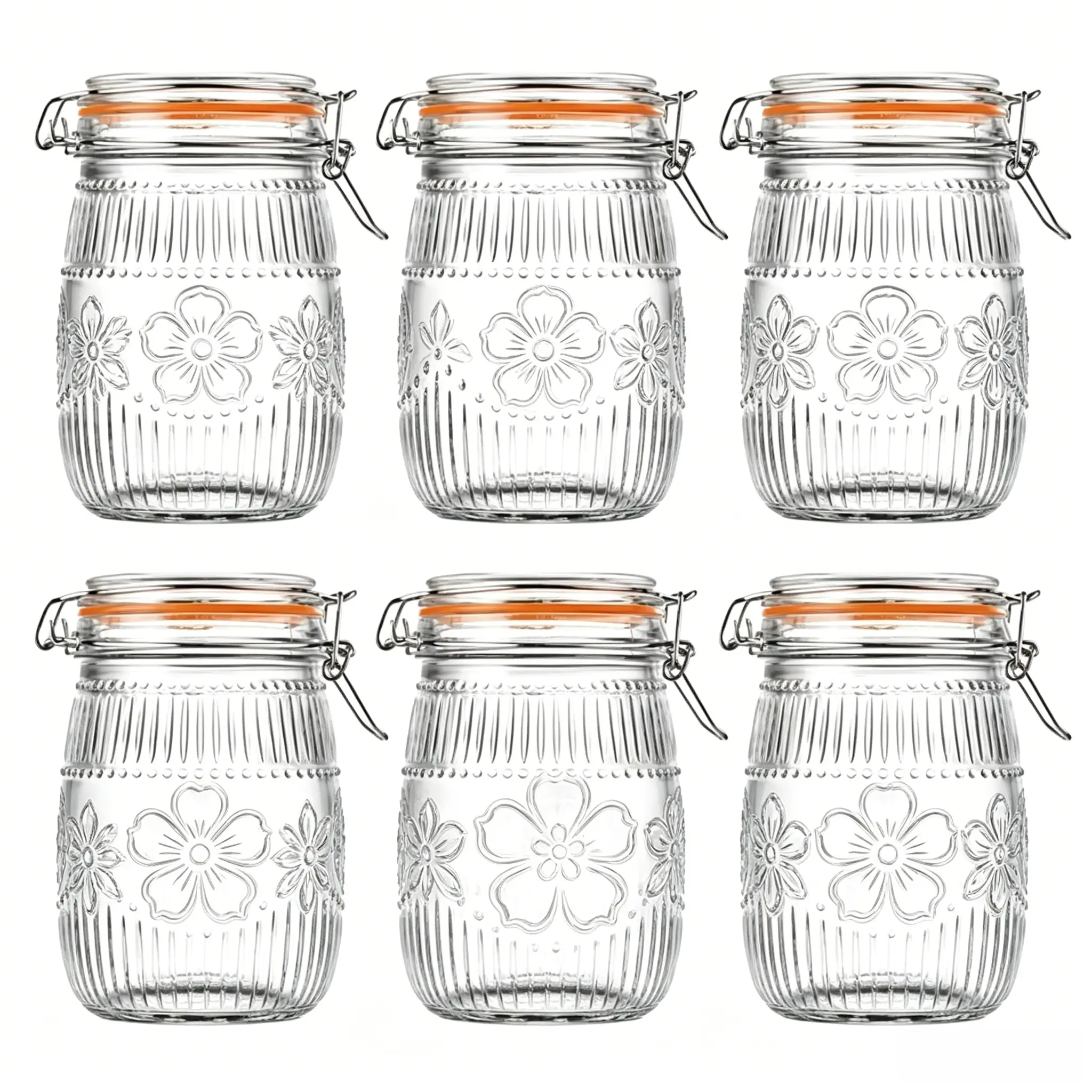 32oz Wide Mouth Sturdy Retro Transparent Glass Mason Jar - Airtight Leakproof Rubber Lid with Metal Accents, Kitchen Storage Container for Pickling, Big-Chunk Filling, Food Storage, Kitchen Supplies