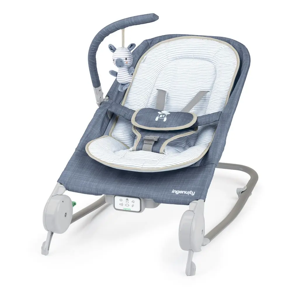 Ingenuity Happy Belly Bouncy Chair - Plush Infant Rocking Seat with Rock-to-Bounce Function, Massage Feature, Metal Frame, Toy Bar, Nature Sounds, Folding Flat, Chambray