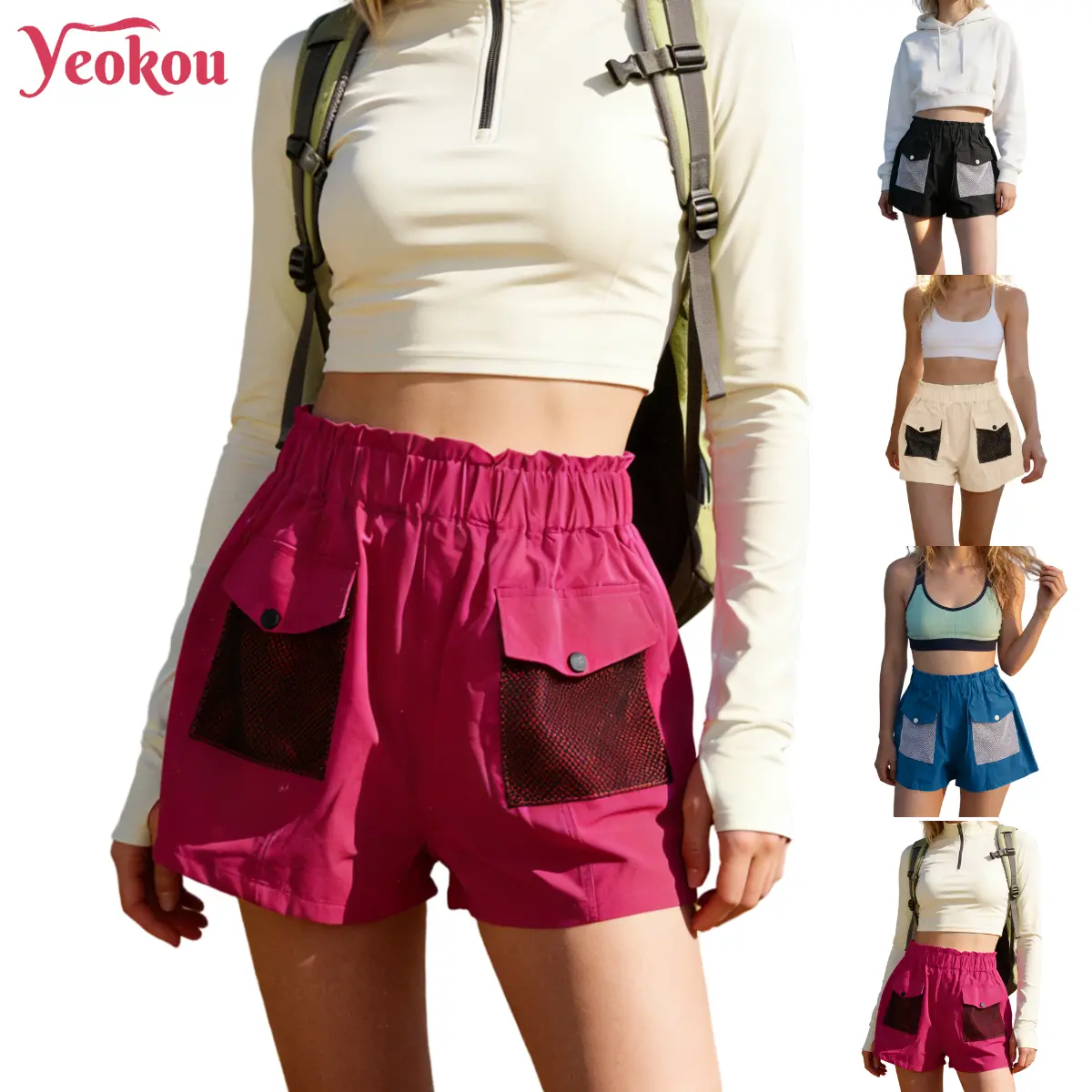 Yeokou Women's Adventure Shorts High Waisted Cargo Shorts Breathable Mesh Pockets Elastic Waist Casual Wide Leg Shorts for Camping & Streetwear