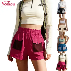 Yeokou Women's Adventure Shorts High Waisted Cargo Shorts Breathable Mesh Pockets Elastic Waist Casual Wide Leg Shorts for Camping & Streetwear