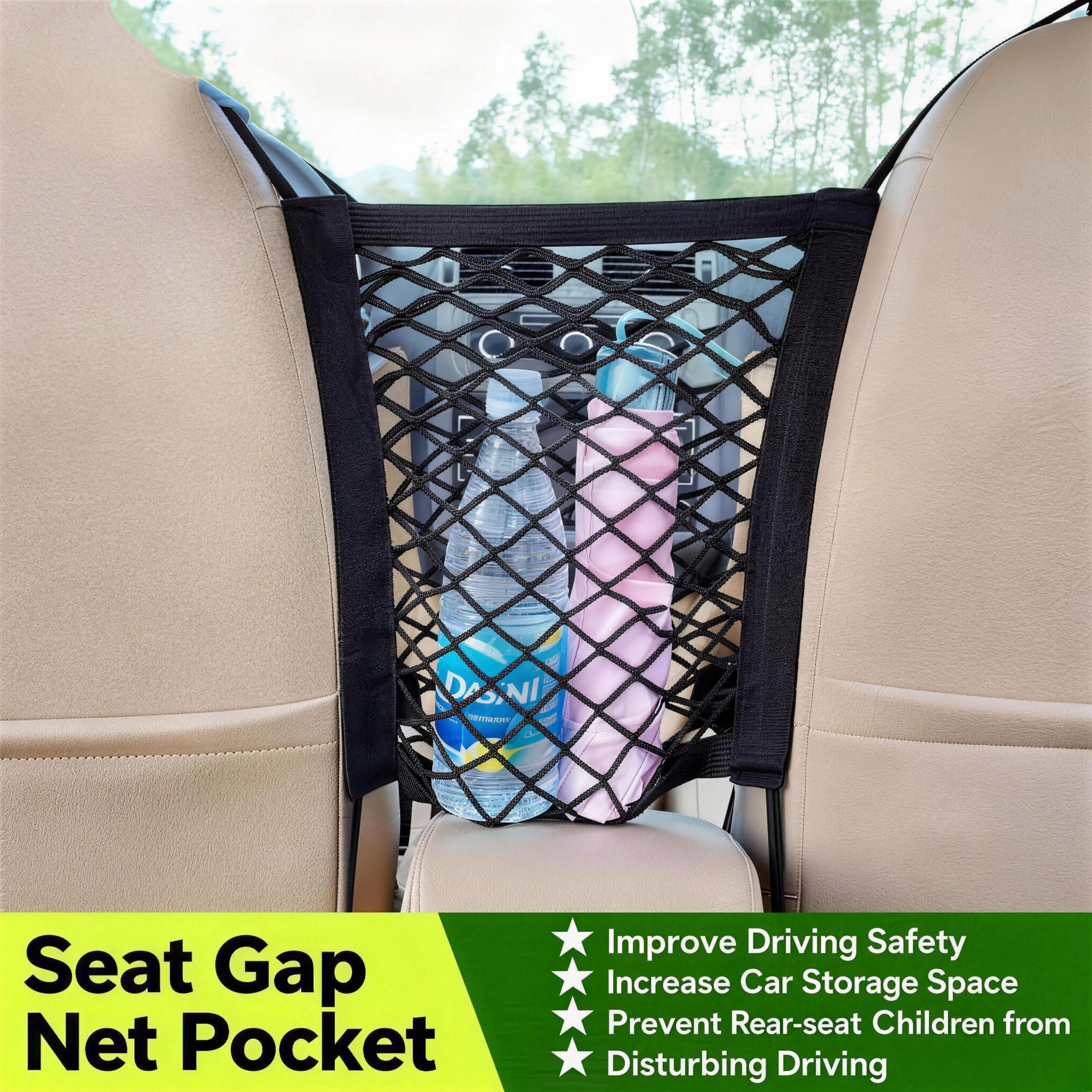 Car Seat Gap Net Pocket Organizer with Straps - Nylon Fabric Elastic Design, Backseat Mesh Barrier for Children Safety, Car Organization Accessory, Anti-Driving Distraction, Easy Installation for Most Vehicles