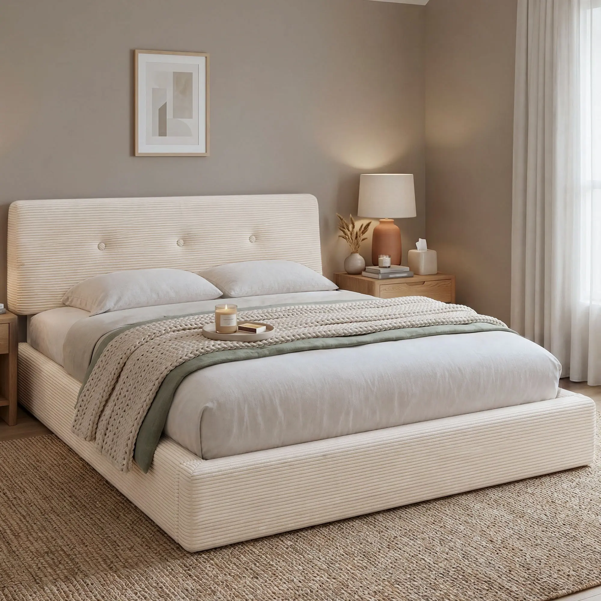 Raybee Fluffy Cloud Bed Frame - Corduroy Upholstered Modern Apartment Bed, Adjustable Headboard, Anti-Collision Soft Rounded Corners, Low Profile Full/Queen/King Size, 15 Mins Assembly, 882-lb Capacity, Apartment Bed Frame