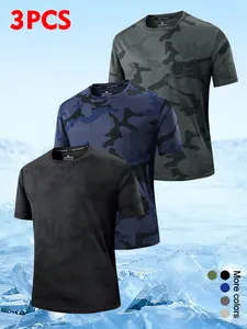 3-Pack Men’s Summer Outdoor Adventure Camouflage Short-Sleeve T-Shirt, Quick-Dry Slim Fit, for Camping, Hiking, River/Stream Trekking, and Wilderness Exploration