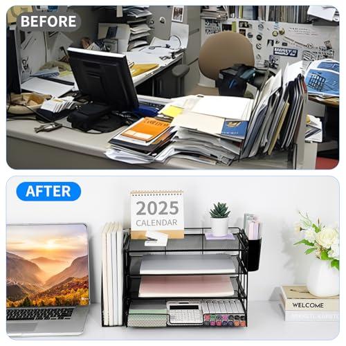 OPNICE Desk Organizer, 4-Tier Desktop File Organizer with Drawer and 2 Pen Holders, Office Desk Accessories, File Sorters, Workspace Organizers for Office Supplies(Black)