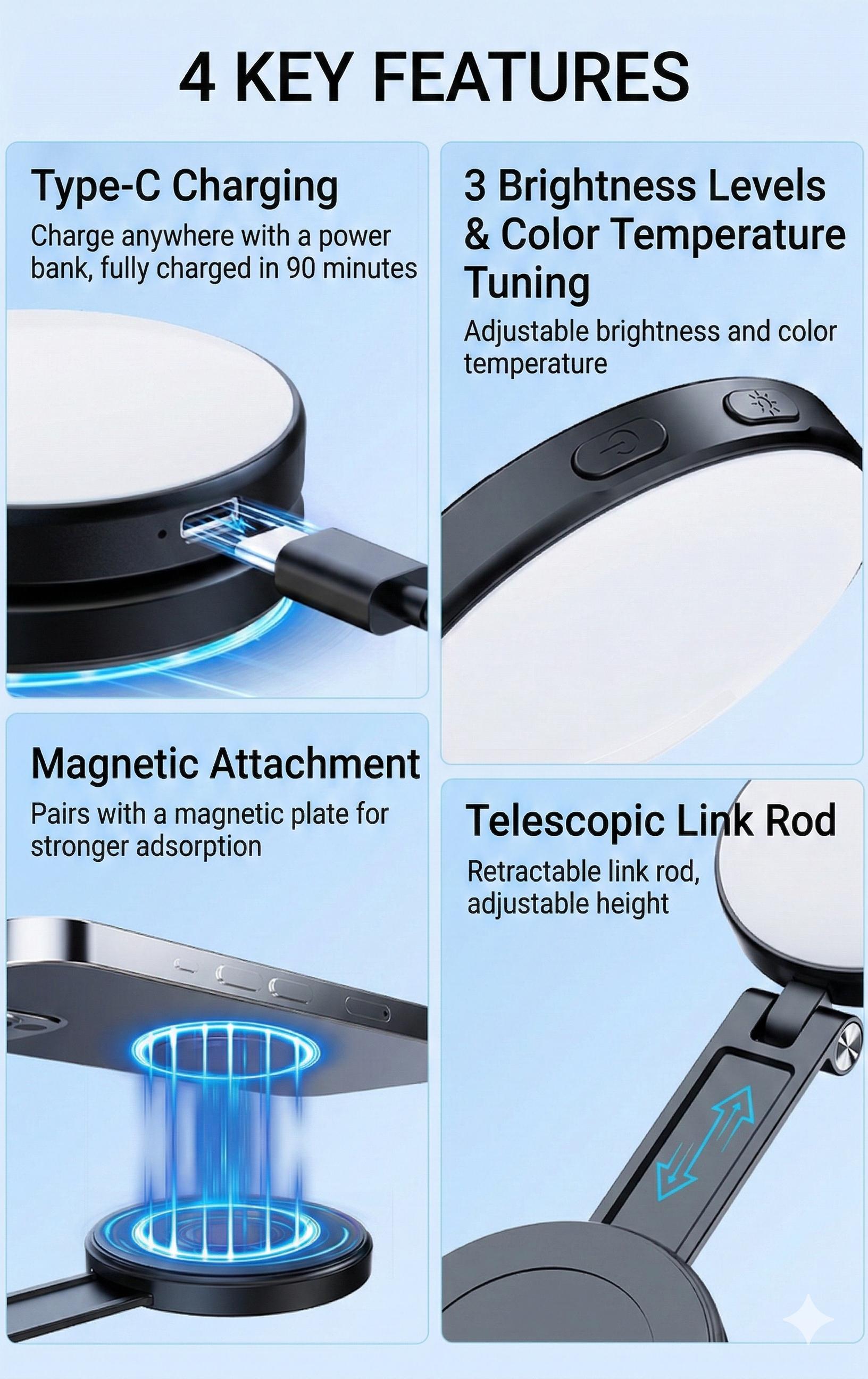 MagSafe Magnetic Selfie Ring Light, Mini PortableRechargeable LED Fill Light with Mirror, Extendable PocketSize for Makeup Travel Vlog Selfie Photography LiveStream