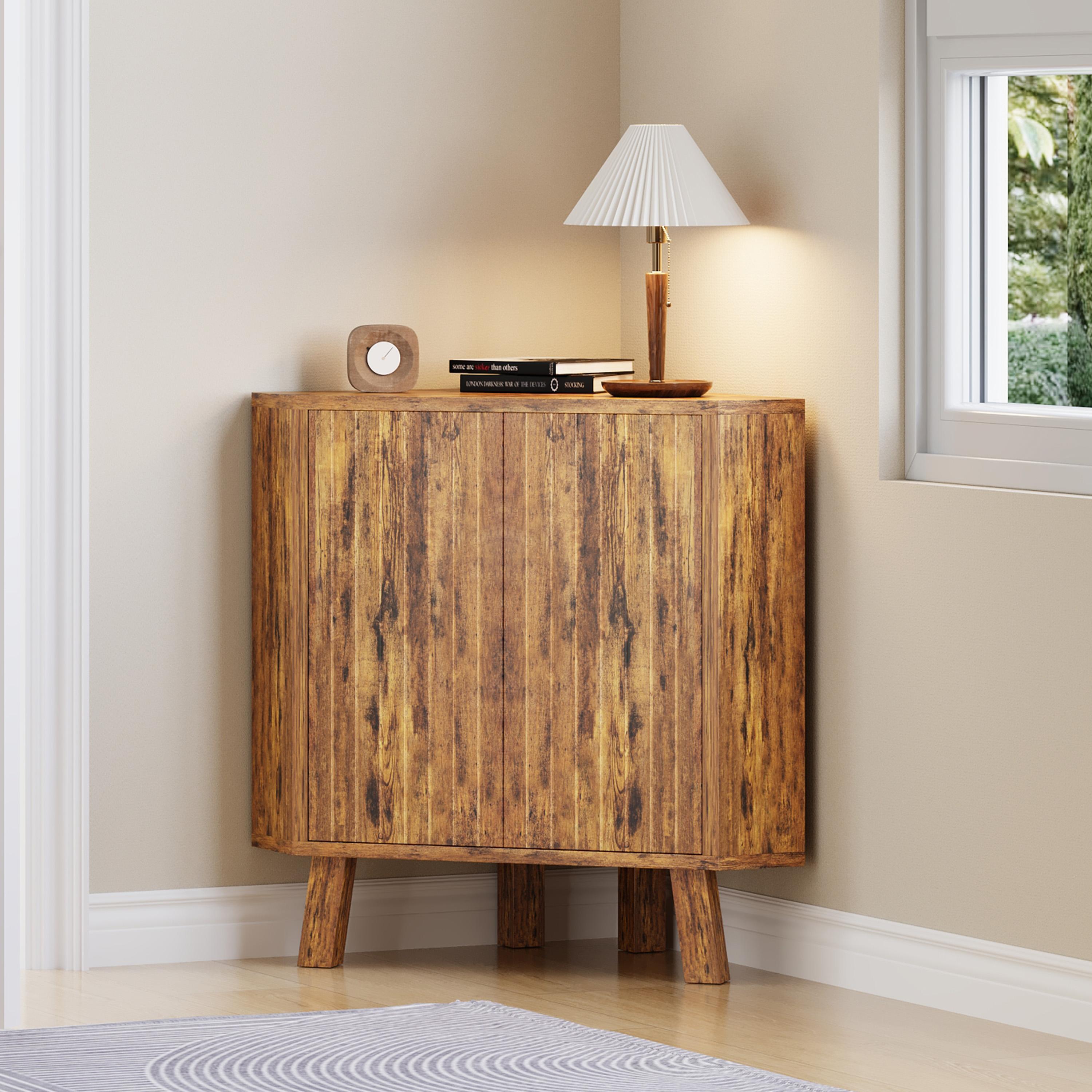 31.5'' Corner Cabinet with Doors, 3-Tier Industrial Fluted Corner Shelf with Adjustable Shelf, Freestanding Triangle End Table for Living Room, Bedroom, Kitchen, Bathroom 31.5'' Corner Cabinet with Doors, 3-Tier Industrial Fluted Corner Shelf with Adjustable Shelf, Freestanding Triangle End Table for Living Room, Bedroom, Kitchen, Bathroom