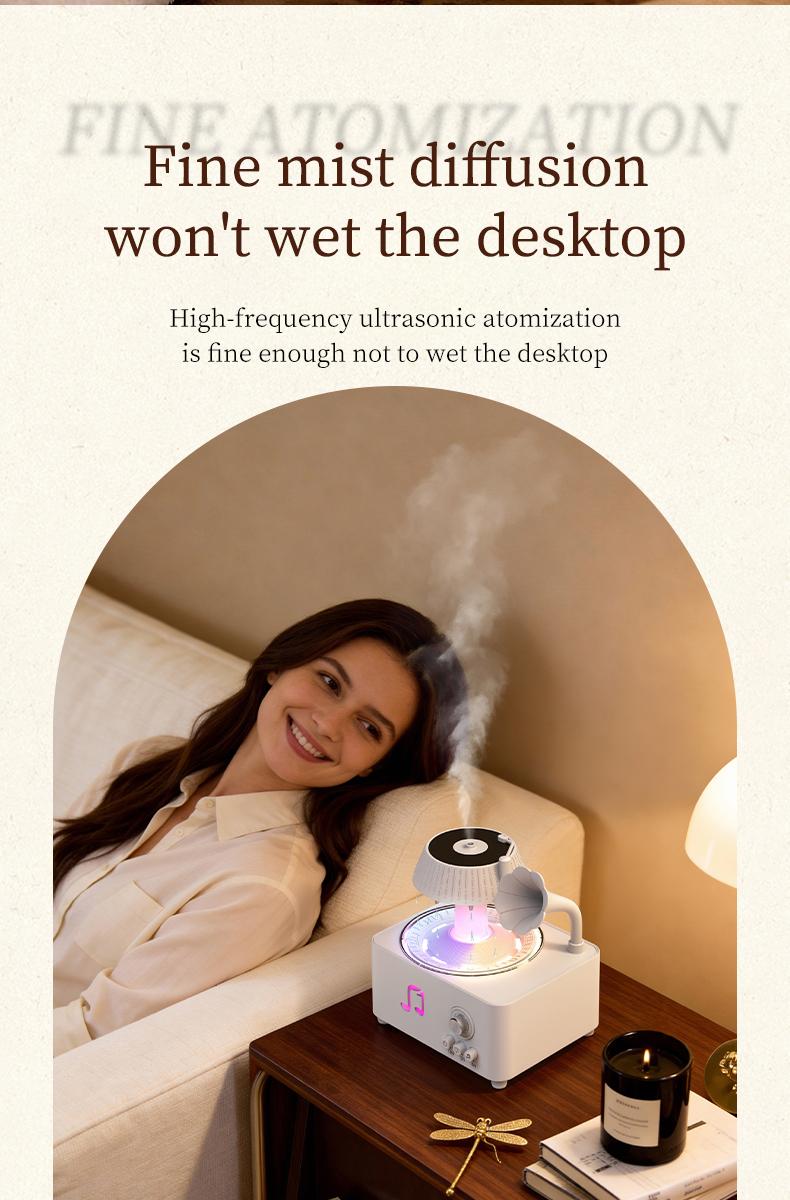 Phonograph-style aroma diffuser and humidifier with white noise and Bluetooth music, includes essential oils, features multiple natural sounds, automatic shut-off when water runs out, and ultrasonic raindrop rotation. A high-end white aroma diffuser gift.