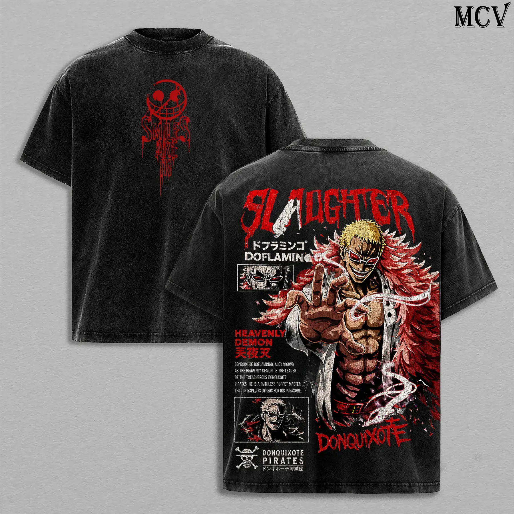 Vintage Washed Donquixote Doflamingo Graphic T-Shirt | One Piece Heavenly Demon Anime Tee | Heavy Cotton Unisex Oversized Manga Streetwear Top