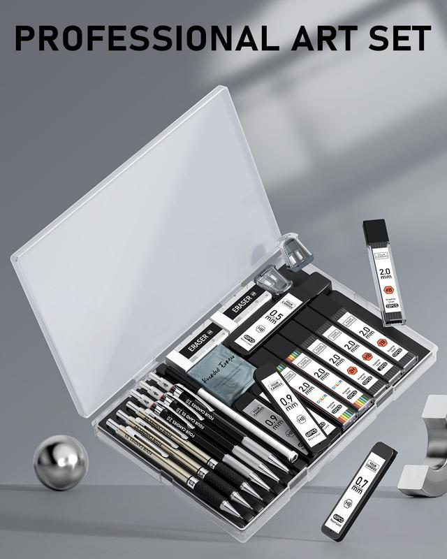 Four Candies 25PCS Mechanical Pencil Set with Case - 3PCS Metal Pencils 0.5 0.7 0.9mm, 3PCS 4B Erasers, 432PCS Graphite Leads for Writing Drawing Sketching Christmas Gifts, Stationery Writing Tools