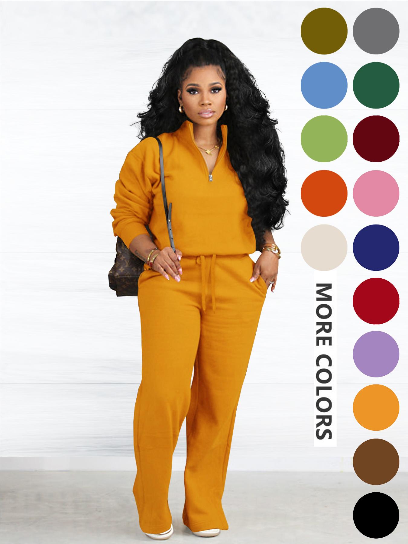 Women's Two-piece Set Solid Zip Up Funnel Neck Sweatshirt & Drawstring Waist Pants Casual Fall Winter Workout Sets Cozy Drop Shoulder Long Sleeve Top Pocket Trousers for Daily Outdoor Wear