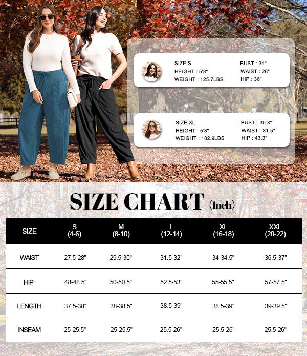 TARSE Women’s Corduroy Wide Leg Pants Baggy Minimalist Boho Pants Casual Elastic Waisted Palazzo Harem Pants with Pockets Trendy Barrel Trousers Womenswear Loose