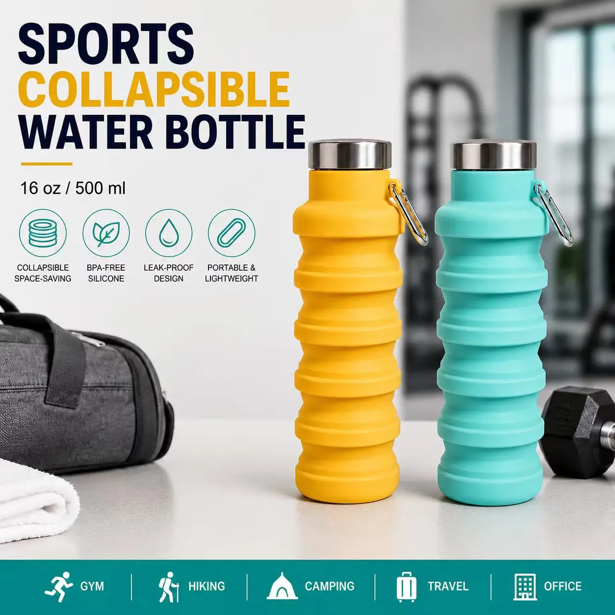 16 oz/500ml Collapsible Silicone Sports Water Bottle with Carabiner, Leak-Resistant Compact Foldable Reusable Travel Cup for Gym, Hiking, Outdoor Activities