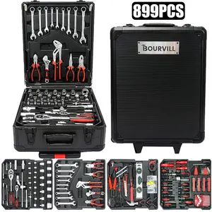 Bourvill 899PCS Tool Set,Large Capacity Metal Hand Toolbox,Rolling Toolbox,Aluminum 4-Drawer Mobile Tool Box,Mechanic & Household Repair Tool Set,Father's Day Gift for Dad