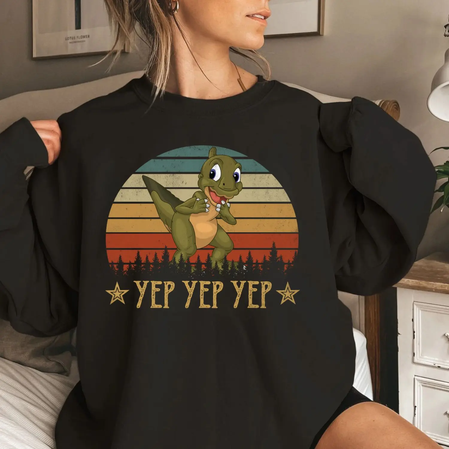 Yep Yep Yep Retro Sunset Dinosaur Sweatshirt, Nostalgic Green Dinosaur Sunset Hoodie TShirt