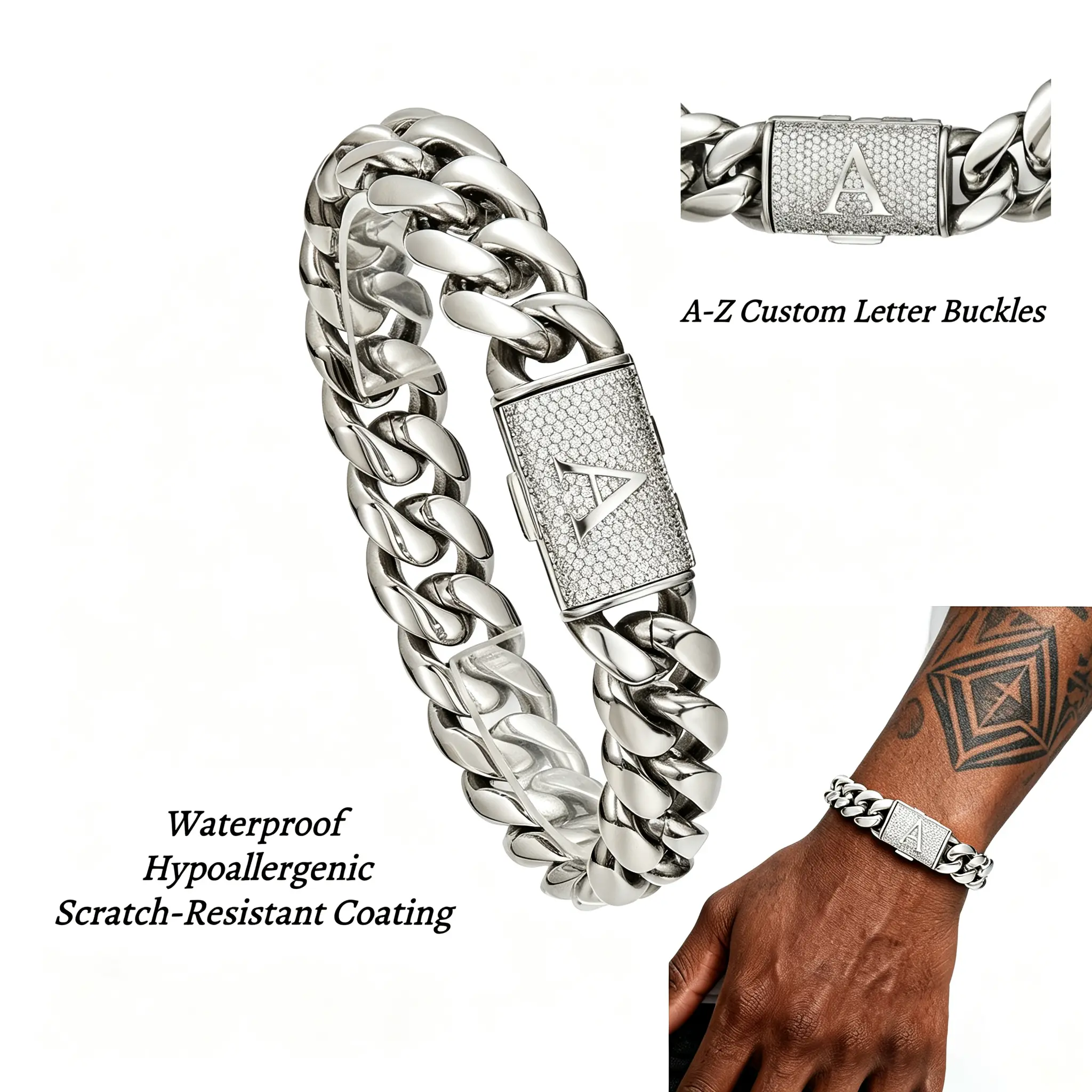 Men's 14mm Stainless Steel Cuban Link Bracelet - Personalized A-Z Initial Clasp, Tarnish-Resistant, Waterproof, 7.5in, Unisex, Casual Daily Wear Fashion Hip Hop Costume Jewelry Accessory, Bracelets & Bangles