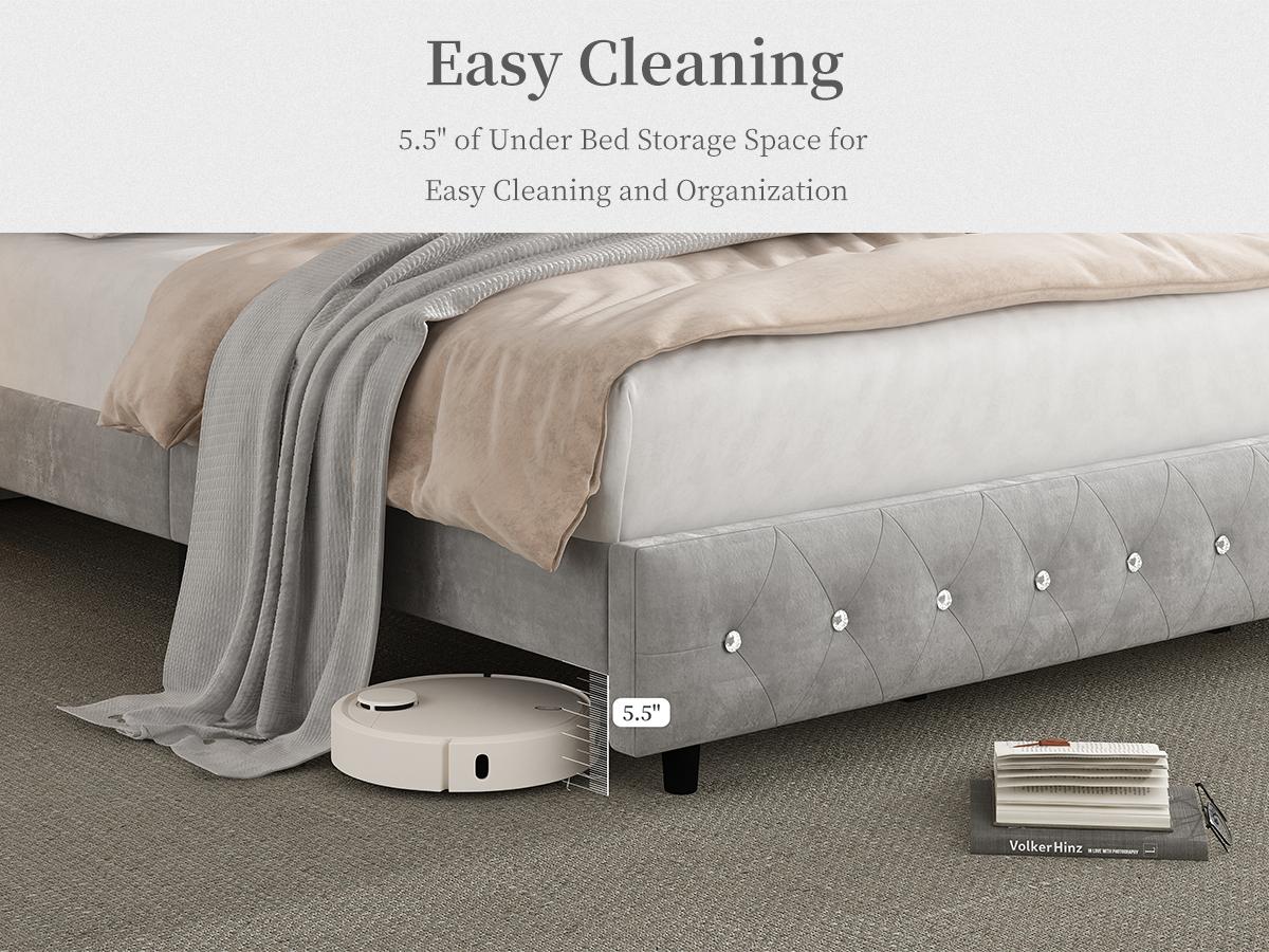 Queen Led Bed Frame with Galaxy Aurora Star Projector, Queen Platform Bed with Charging Station, 52" Upholstered Hidden Storage Headboard with Wingback, Noise Free, No Box Spring Needed, Velvet Grey