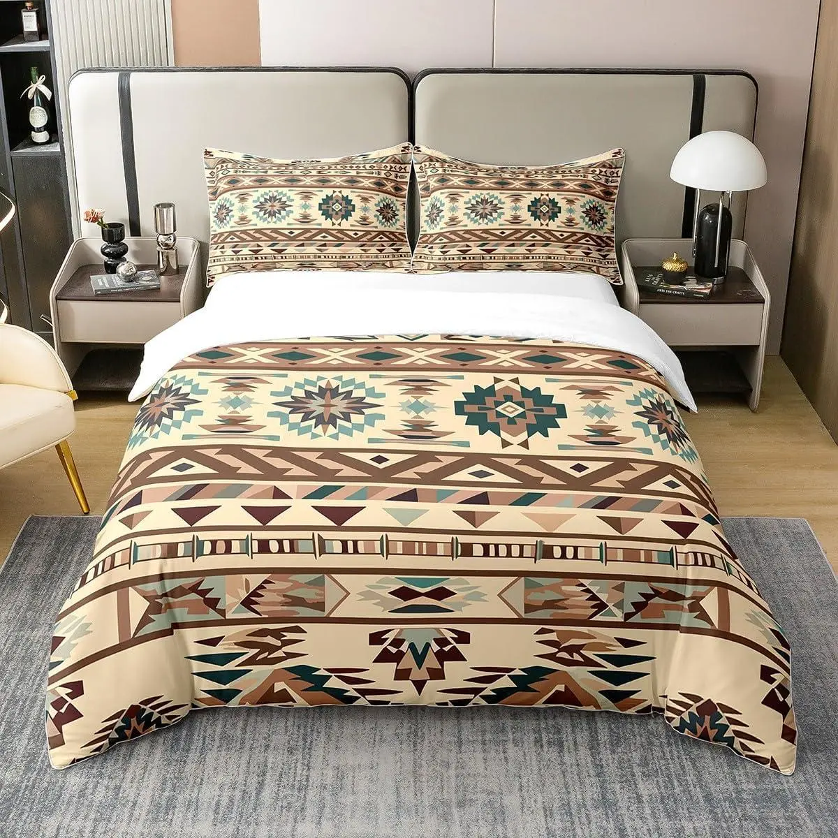 Feelyou 100% Natural Cotton Weave Duvet Cover Set - Southwestern Western Boho Aztec Geometric Print, Hazard-Free Ethnic Bedding for Adult Beds with Bohemian Look, Rustic Farmhouse Style