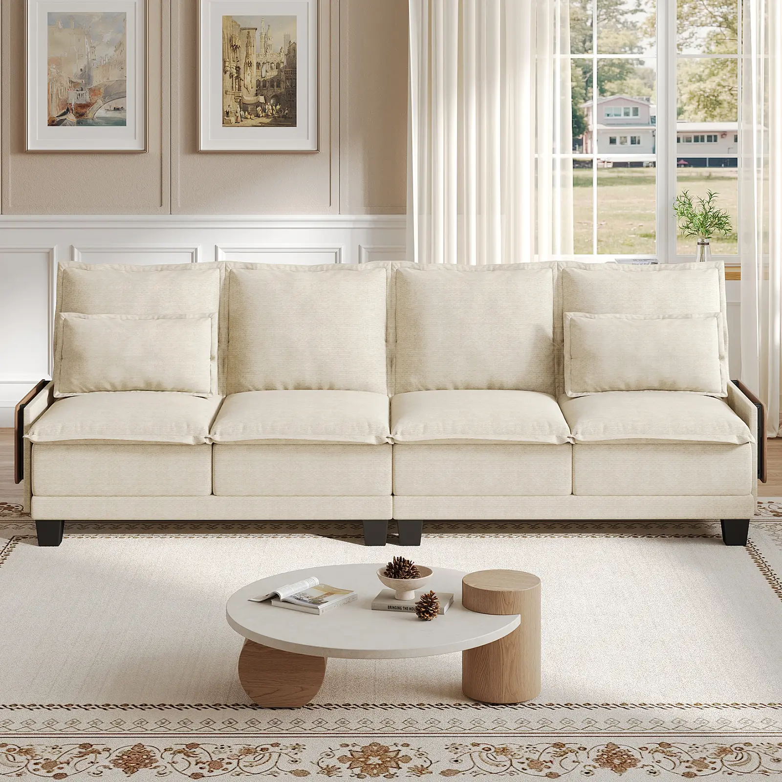 Copiae 122" Waterproof Chenille Sofa with Collapsible Table, 4-Seat Sectional Upholstered Couch with Two Throw Pillows for Living Room, Apartment