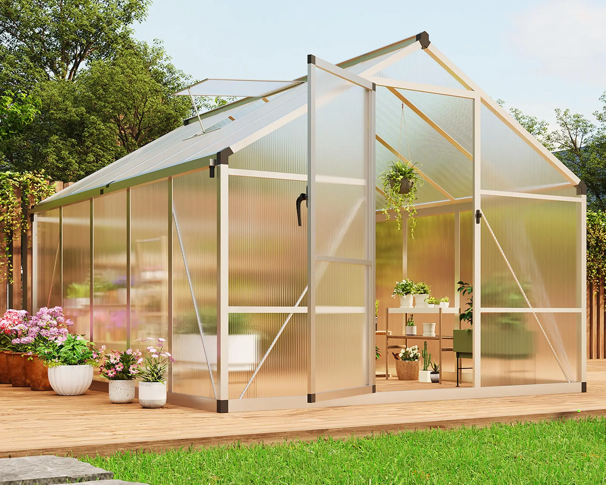 Gaomon Modern 8×10 FT Polycarbonate Walk-In Outdoor Garden Greenhouse Kit, Large Size Outdoor Furniture with Enhanced Aluminium Frame, Upgraded Floor Spikes, Roof Vent, Natural Light, Plant Protection, Assembly Required, Exceptional Customer Service