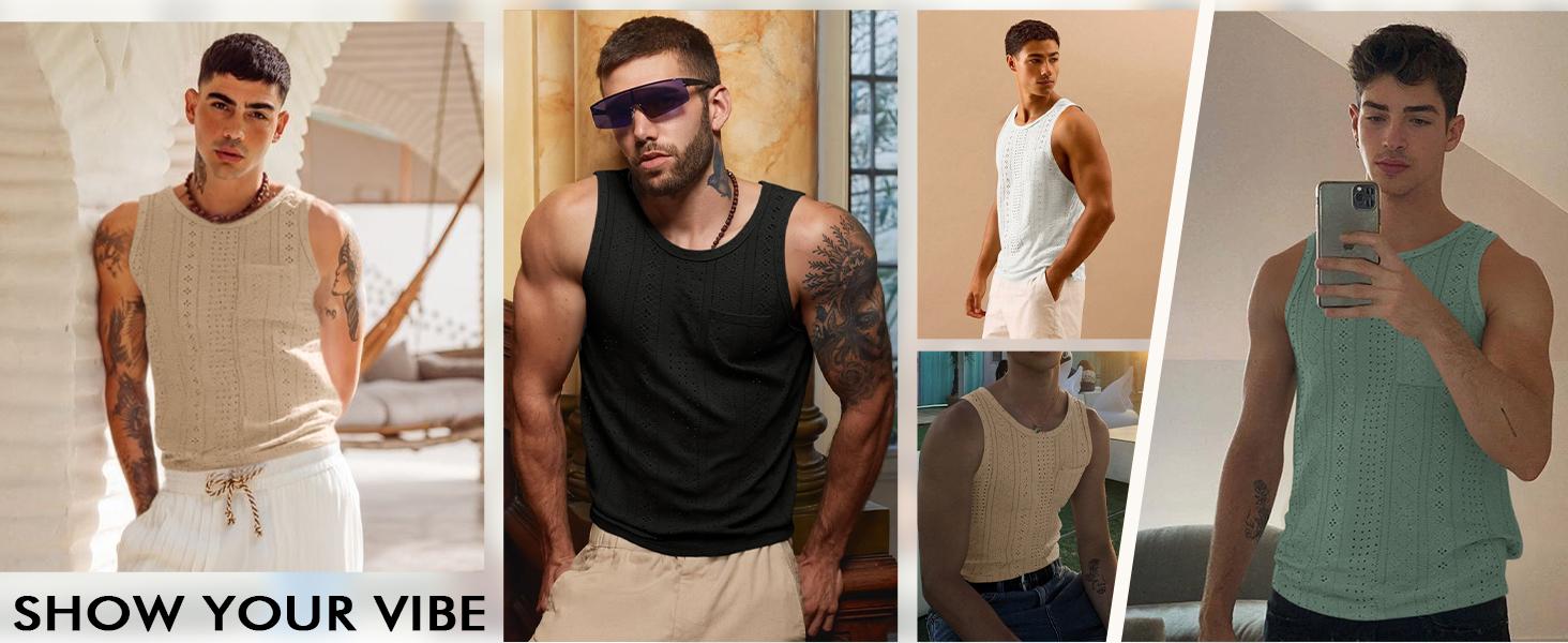 Runcati Mens Tank Tops Casual Sleeveless Hollow Out T-Shirts Muscle Summer Beach Hippie Shirts with Pocket