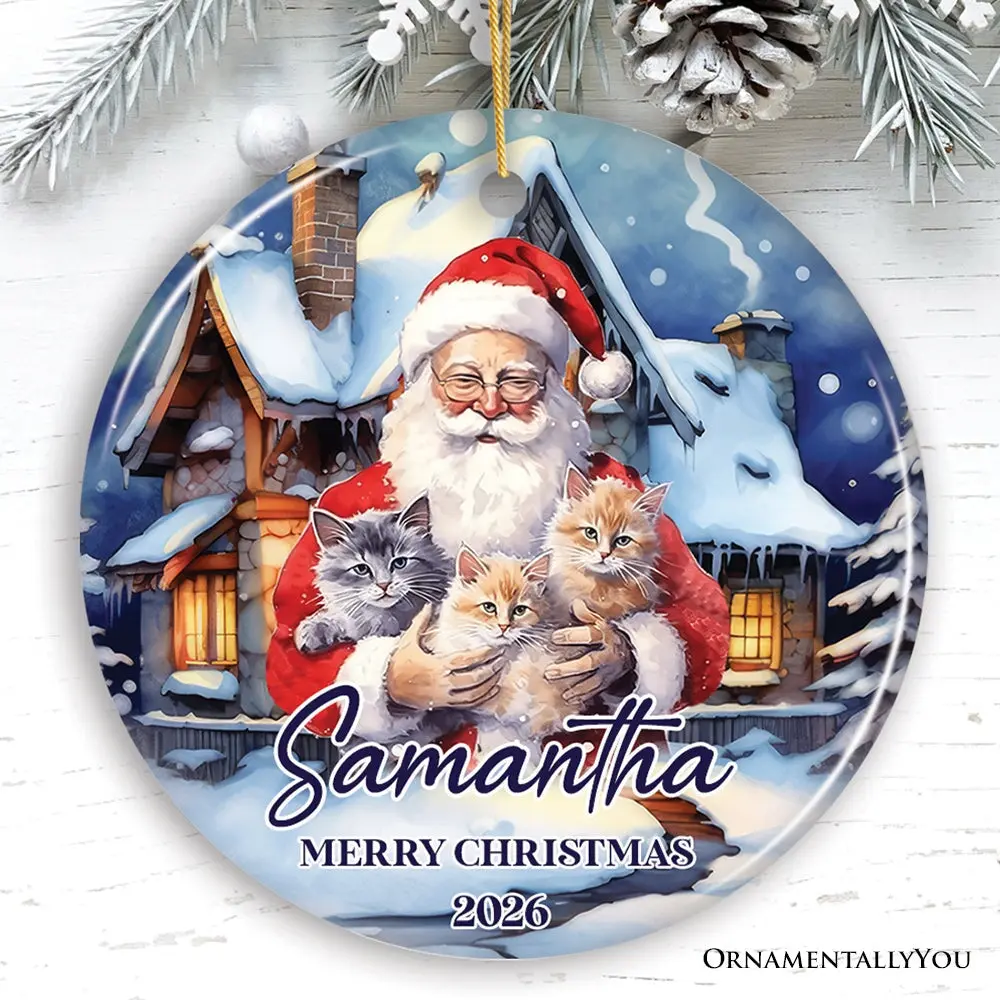 Cute Santa With Cats Personalized Ornament, Festive Christmas Gift With Custom Name and Date