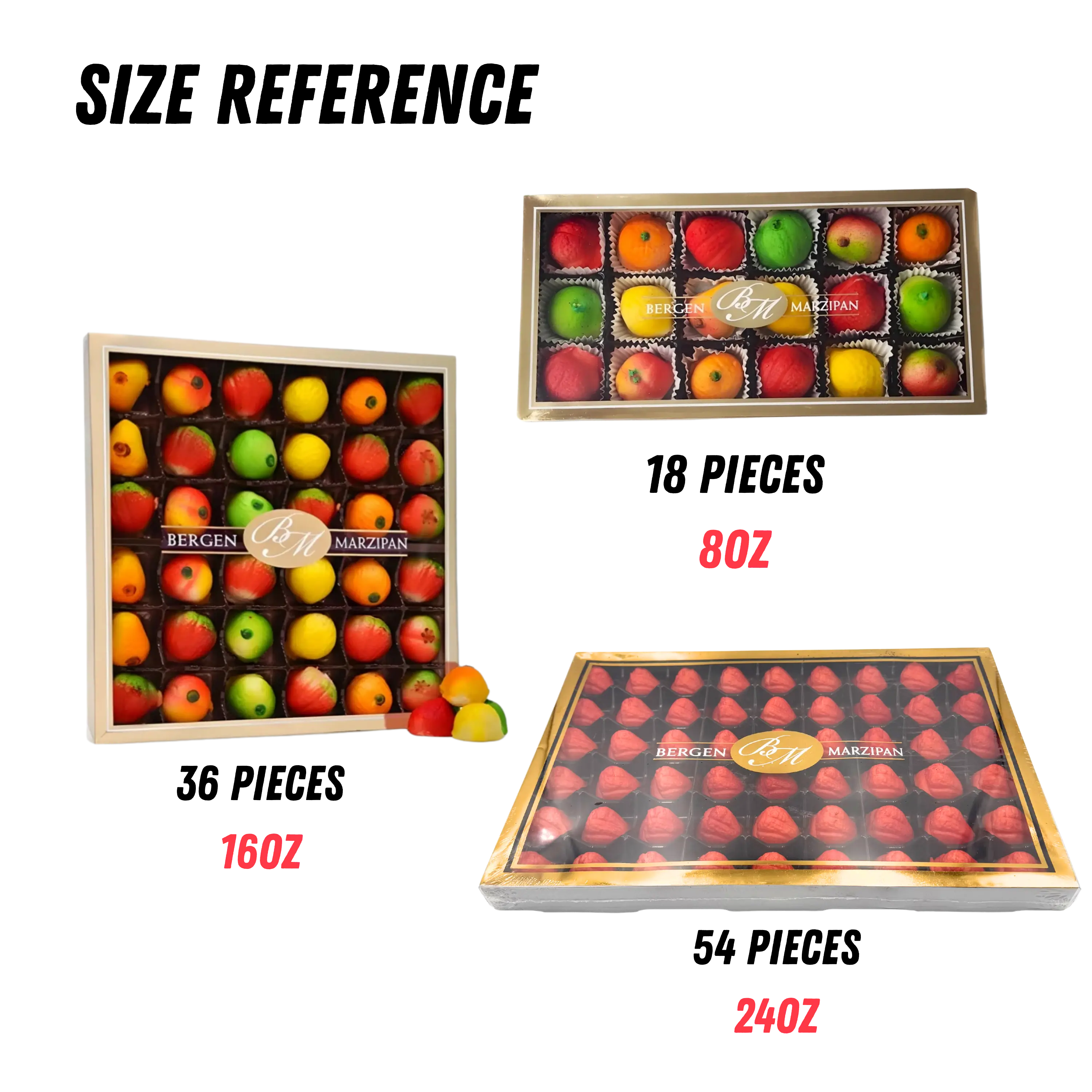 BERGEN MARZIPAN 18 or 36 or 54 Pieces - Assorted Fruits, Strawberry, Toasted Marzipan - 4 Flavors to Choose From