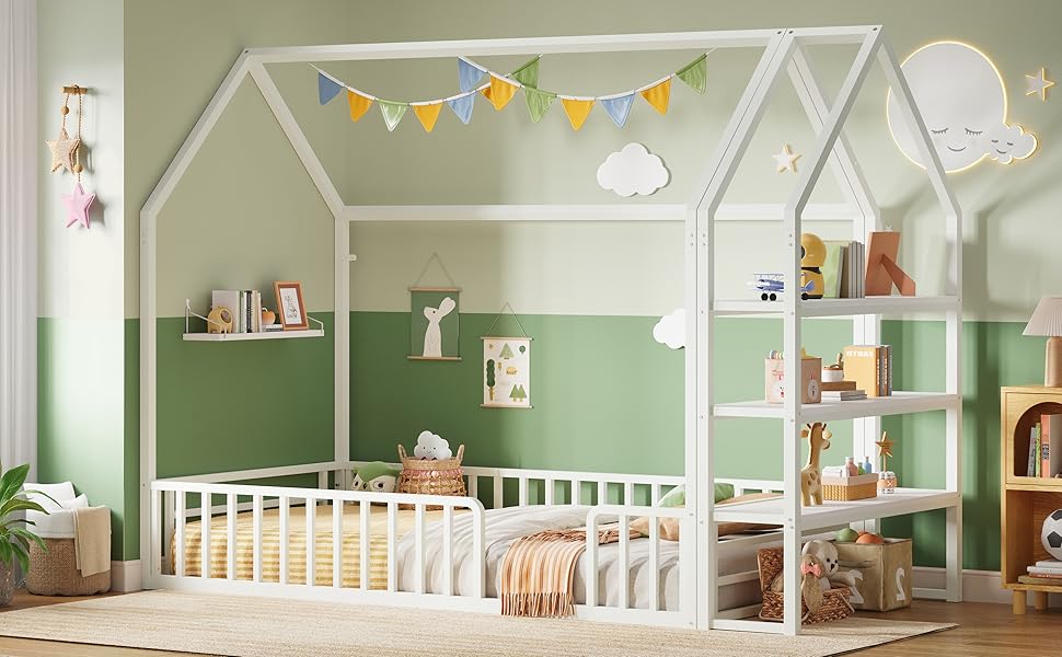 LIKIMIO Twin Bed Frame with Storage, Floor Metal House Bed with Fence Guardrails, No Box Spring Needed, Space Saving for Bedroom and Dorm, Easy Assembly