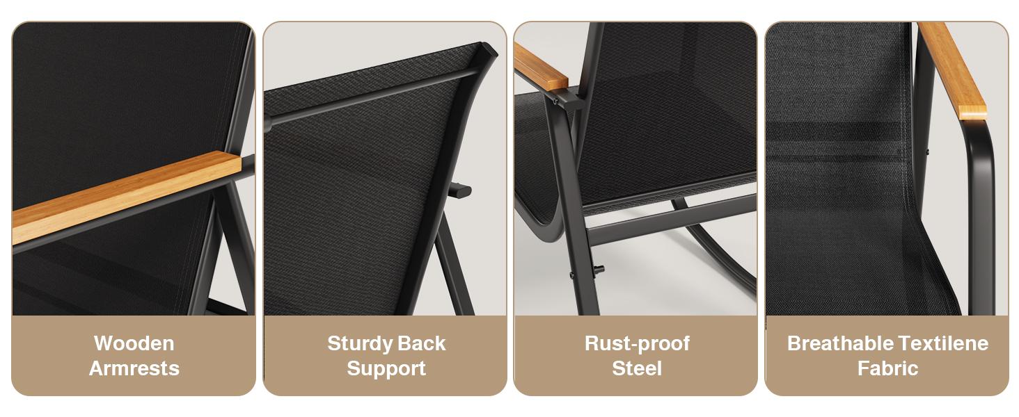 Gizoon 4-Piece Patio Furniture Set, Textilene Outdoor Conversation Set with 2 Rocking Chairs and Tempered Glass Coffee Table, for Lawn, Garden, Balcony, Poolside (Black)