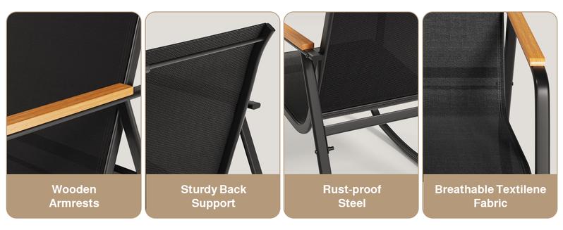 Gizoon 4-Piece Patio Furniture Set, Textilene Outdoor Conversation Set with 2 Rocking Chairs and Tempered Glass Coffee Table, for Lawn, Garden, Balcony, Poolside (Black)