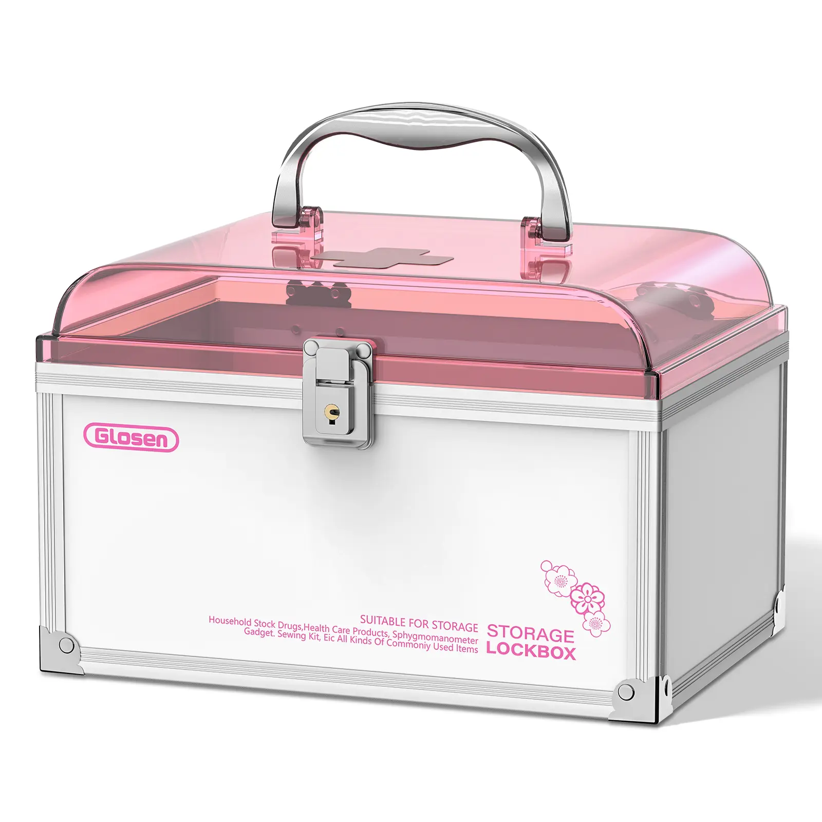 Glosen Storage box with handle and lock, large capacity home medicine box, durable aluminum alloy material, translucent top cover, dust-proof and moisture-proof medicine storage, suitable for household medicine or personal items storage Bedroom Decor