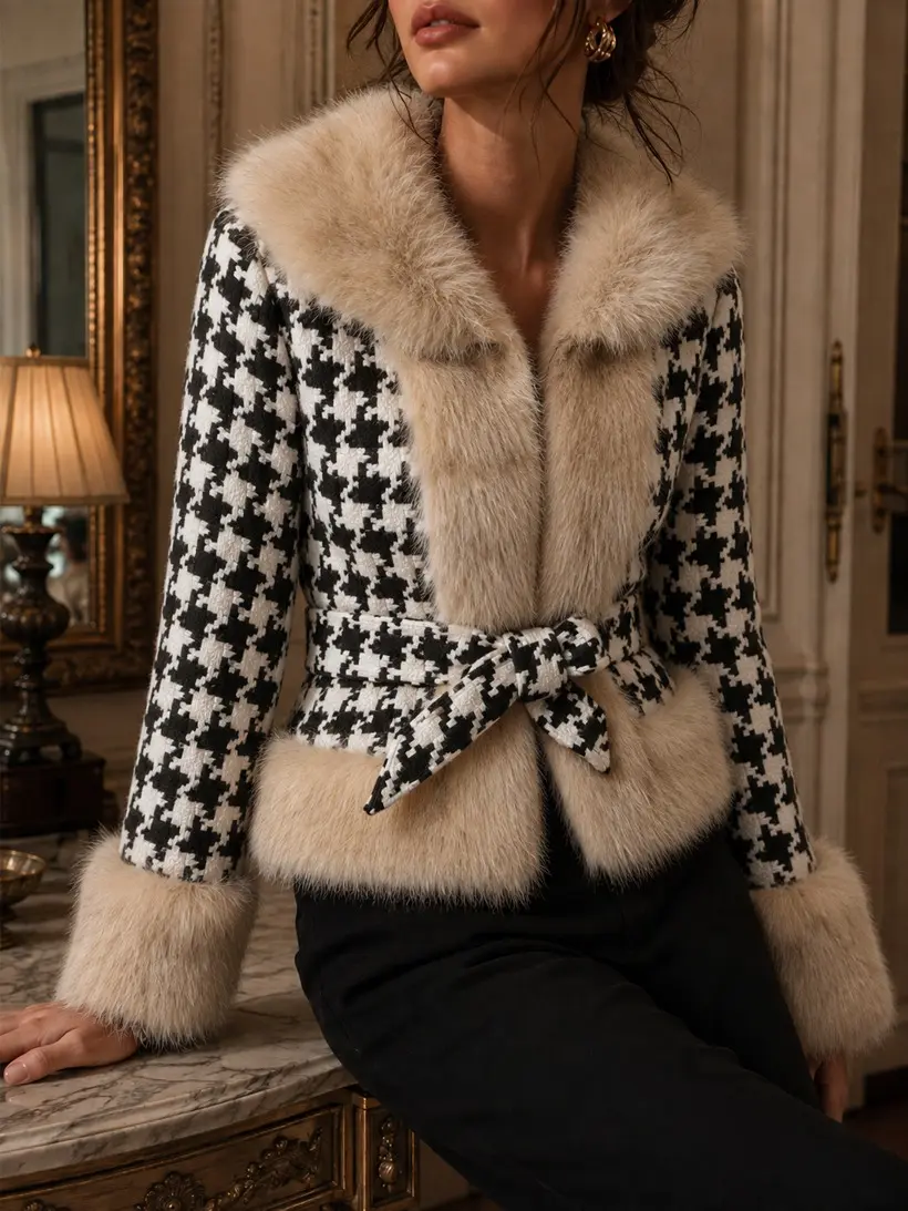 Women’s plaid jacket with a fur collar and cuffs, featuring an elegant waist-cinching design; warm long-sleeved outerwear in a stylish vintage casual style for going out, suitable for women and ideal for autumn/winter streetwear.