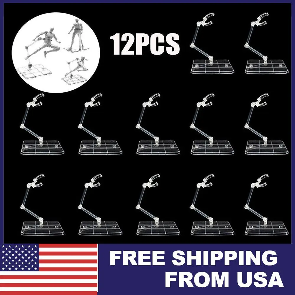 12Pcs Adjustable Action Figure Display Stand Holder Base for 6-8" Gundam SHFiguarts Mafex Model Dolls with Sturdy Plastic Claw Grips Storage Integration Lock Compatibility Tripods