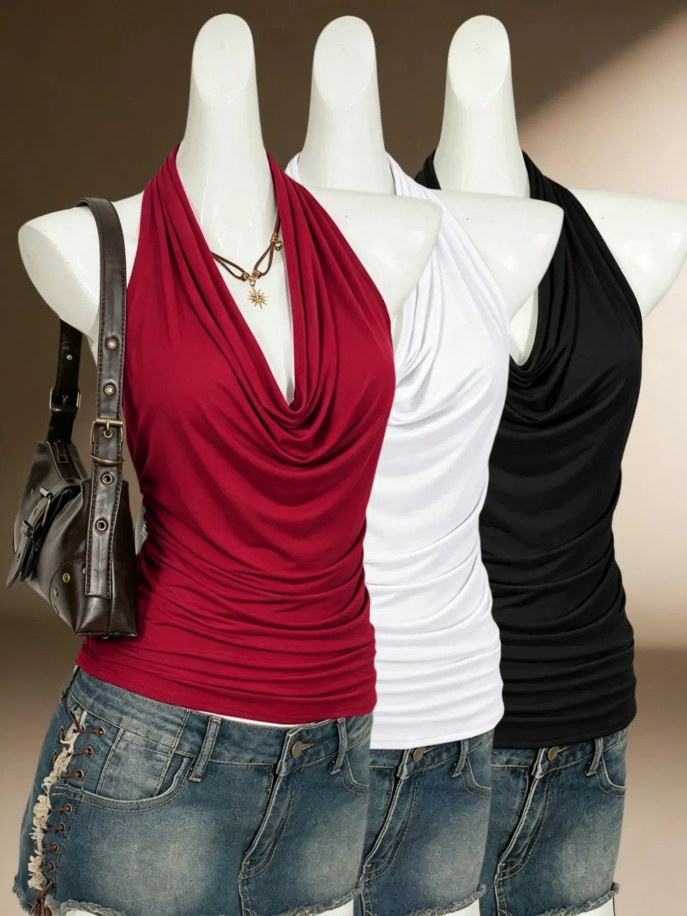 Three-Piece Slim Fit Breathable Solid Color Halter Top, Ruched Drop Shoulder Sleeveless Camisole Tank Tops, Millennial Club Casual Style