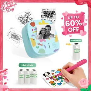 [Valentines'DaySale!] XenGro Mini Printer Bluetooth included 3 Roll label Thermal Pocket Printer,Inkless Small printer B&W Printing Only for Photos, Study Notes, Lists,Memos, Journals Printing Machine Sticky Label, Birthday Gifts for Kids Girls Boys Blue